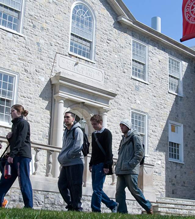 Group of college students walking on campus at Dickinson College