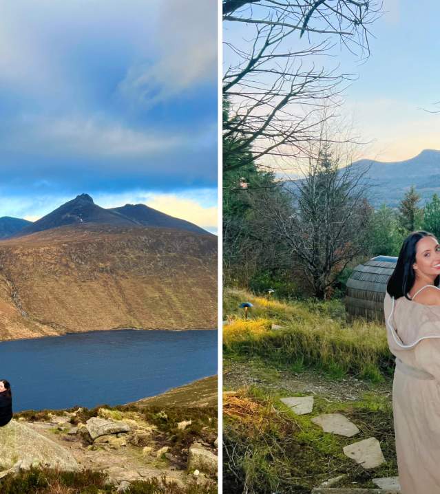 Frans Travels hiking the mournes and relaxing in her robe at Enniskeen Estate (with views of Slieve Donard in the background)