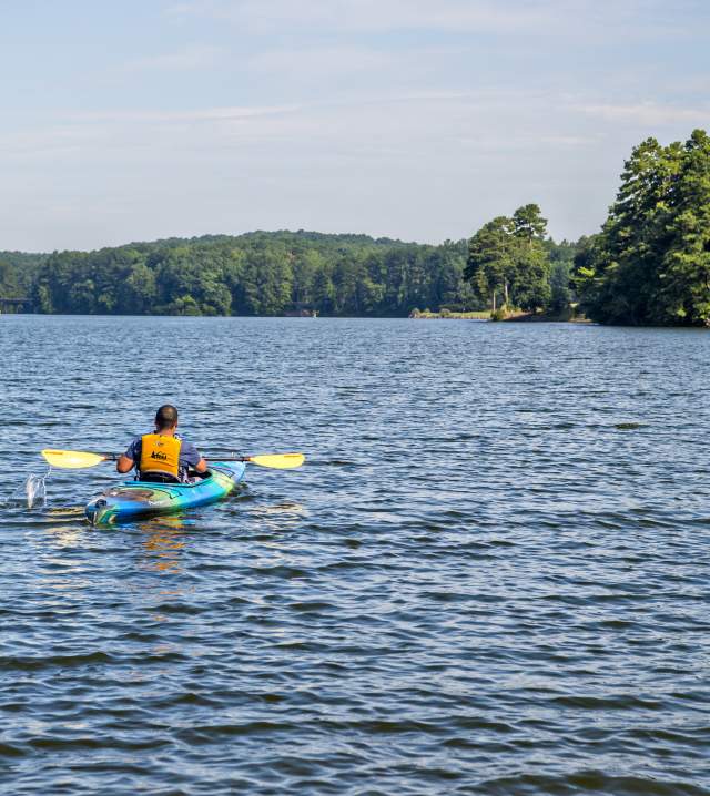 A person paddles a kayak across a serene lake surrounded by lush green trees under a clear blue sky.
