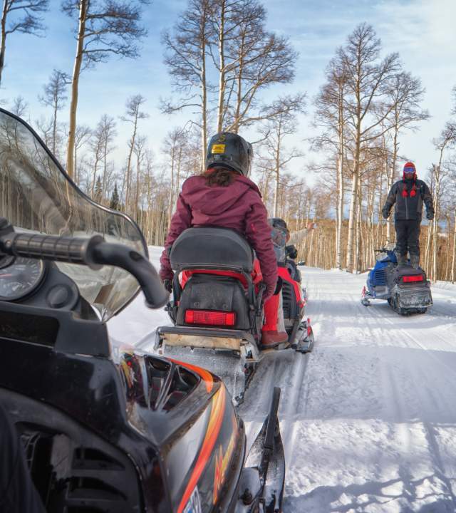 Snowmobile riders follow their guide (standing on the seat of the snowmobile) through a snow covered Dixie National Forest near Brian Head, Utah.