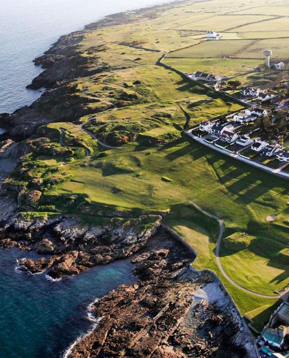 Aerial view overlooking the rocks and sea by the Ardglass Golf Club