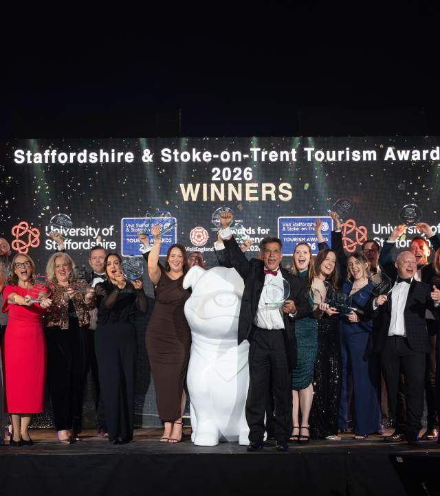 The winners of the 2026 Staffordshire & Stoke-on-Trent Tourism Awards celebrate their success on the stage