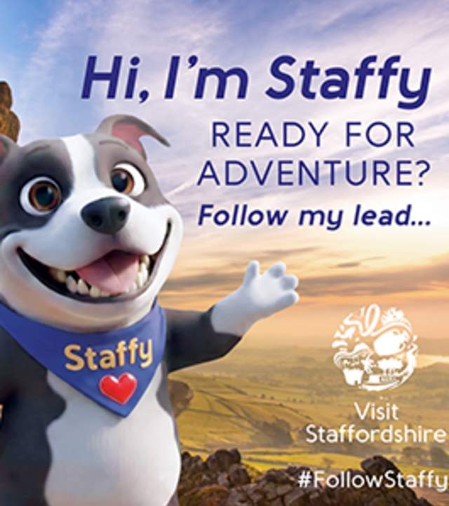 Graphic of Visit Staffordshire mascot saying Hi, I'm Staffy. Ready for adventure? Follow my lead. #FollowStaffy