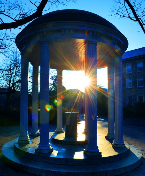 Close up winter scene of the Old Well on UNC Campus