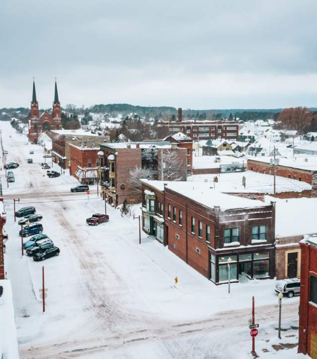 Aerial shot of downtown Calumet in winter.