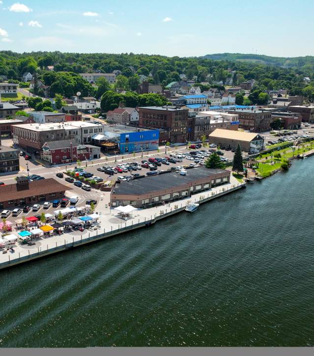 aerial view of a downtown waterside market