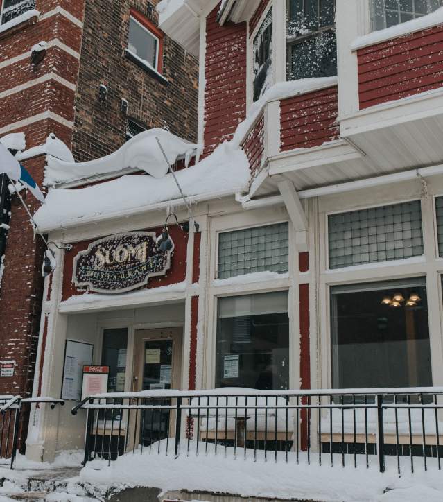 a restaurant facade in winter