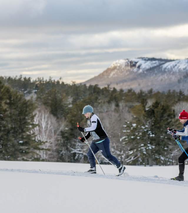 Two skiers cross country ski with mountainous views in background.