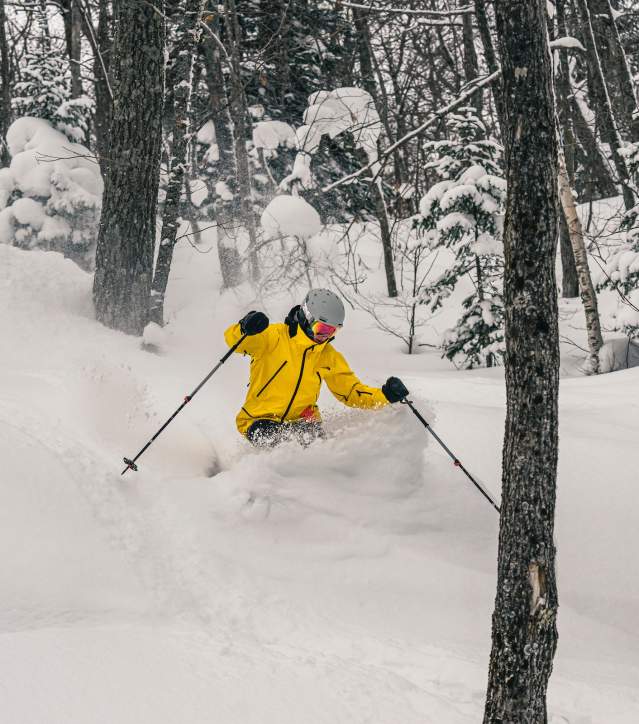 A skiier in a yellow jacket skis through the trees and powder at Mount Bohemia.