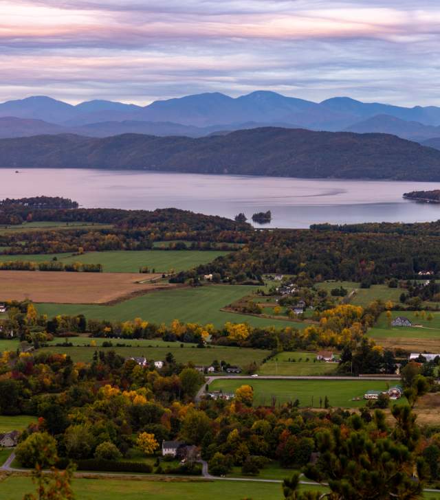 Aerial of lake and farms of Champlain valley