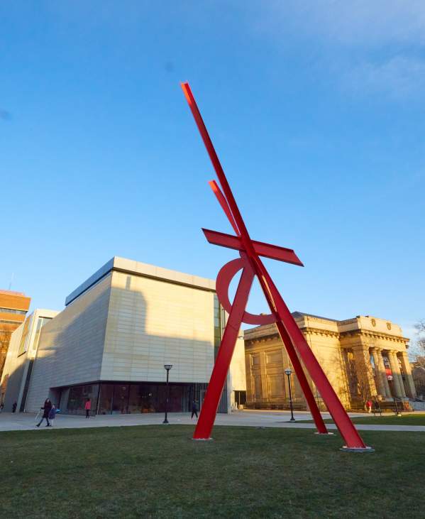 Large red sculpture outside of UMMA