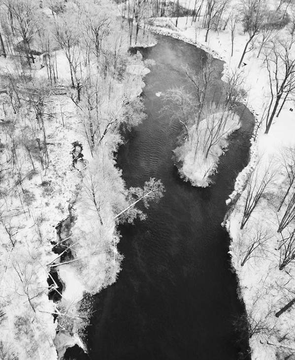 Snowy aerial shot of Huron River