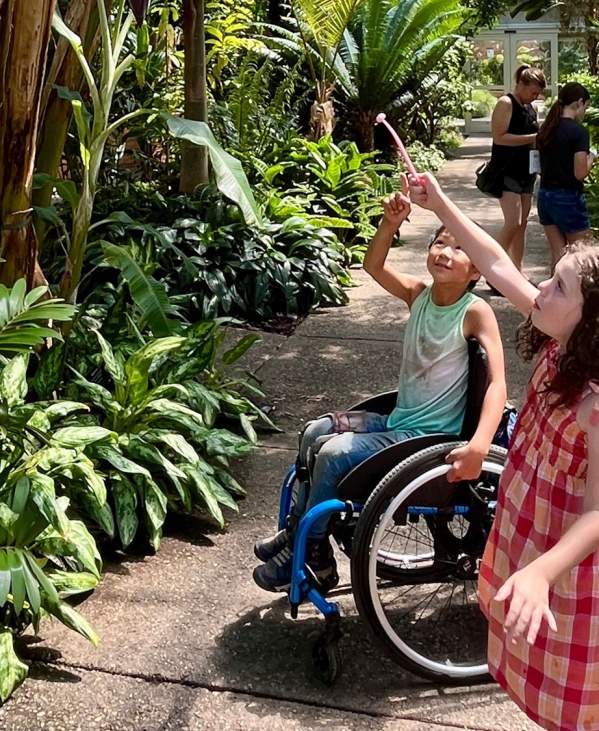 At the conservatory filled with green bushes, trees, and plant, one child stands and points at something in the distance. Another child using a wheelchair points to something off camera.