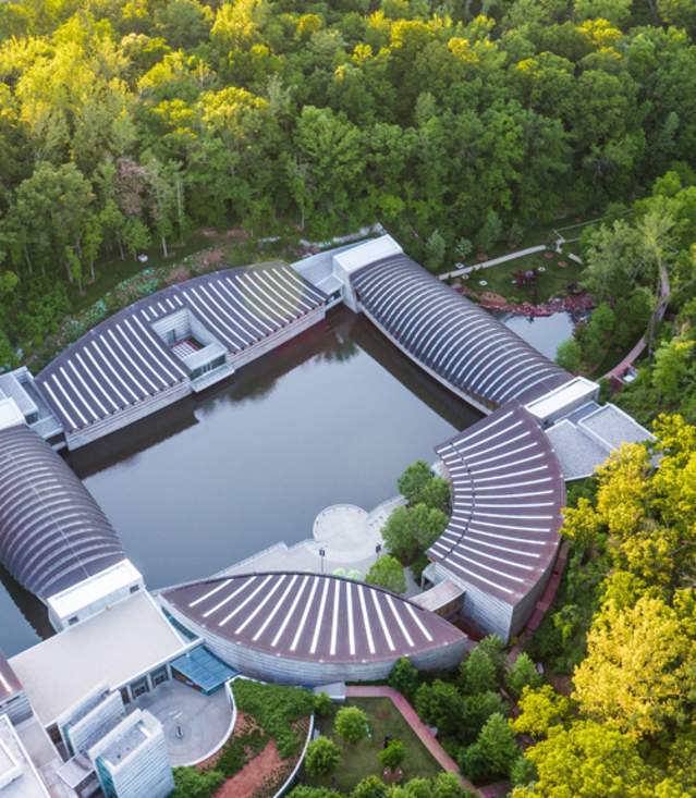 Arial view of Crystal Bridges Museum of American Art in Bentonville Arkansas