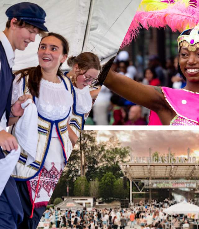 A triptych-style promotional image featuring three fall cultural festivals in Fayetteville, NC. On the left, Greek dancers in traditional costumes perform under a tent, with a smiling man and woman in focus. In the center, a joyful woman in a bright pink feathered headdress and costume represents the International Folk Festival. On the right, the Dogwood Fall Festival is captured at sunset, showing a crowd gathered at Festival Park with dramatic clouds overhead.