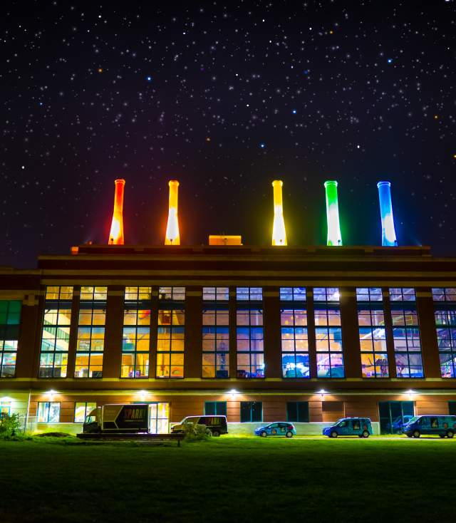 exterior of science central science museum at night