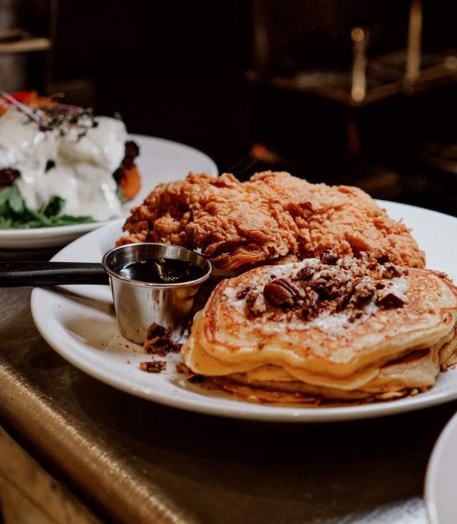 Plates of brunch food ready to serve at Ophelia's in Fort Wayne, Indiana