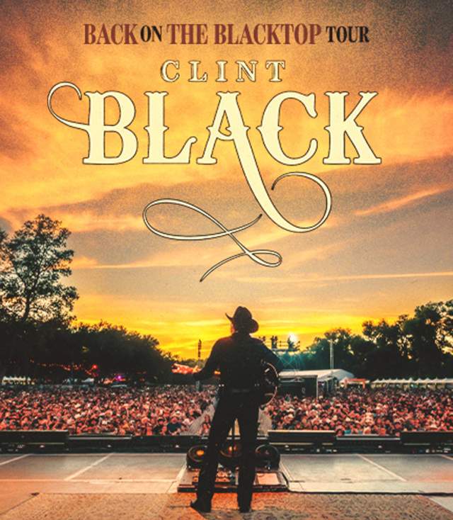 Clint Black tour poster with man on stage in front of a crowd at sunset.