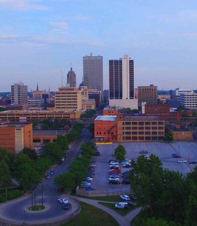 Fort Wayne, Indiana skyline aerial view above Headwaters Park at Sunset