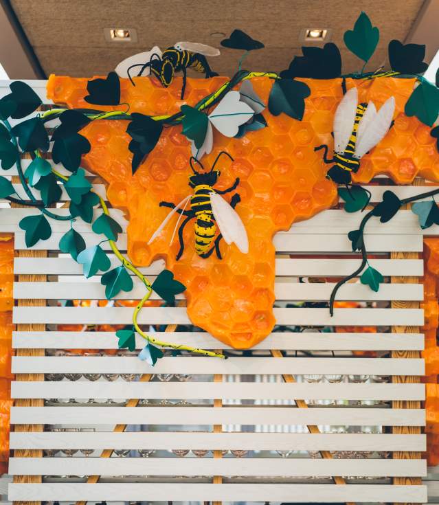 The Hive at 21C Museum Hotel in Bentonville Arkansas featuring bumble bee themed walls
