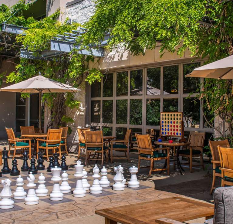 Hotel patio with enlarged chess game