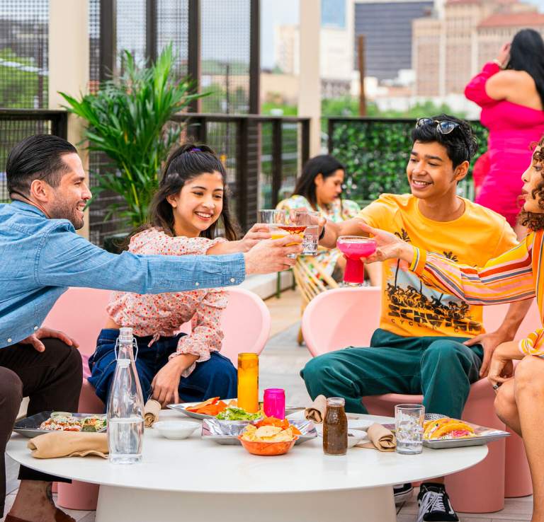 Family toasting on rooftop