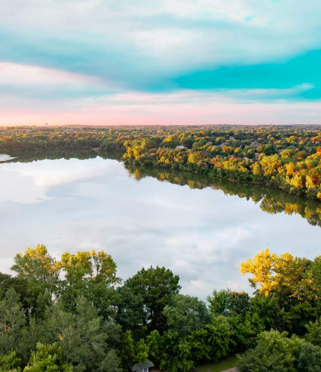 Aerial of Powers Lake at dawn