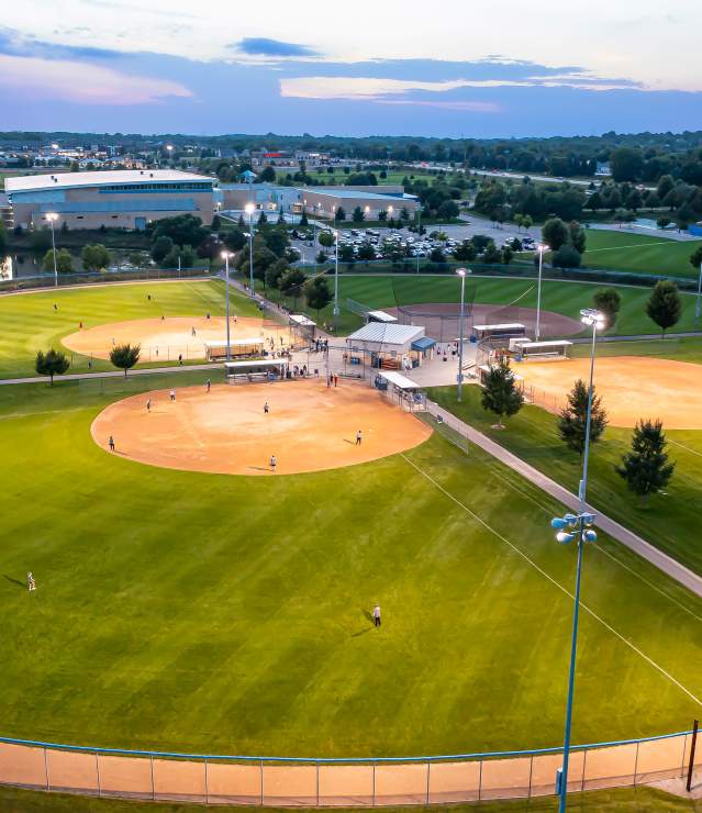 Evening game at ballfields at M Health Fairview Sports Center