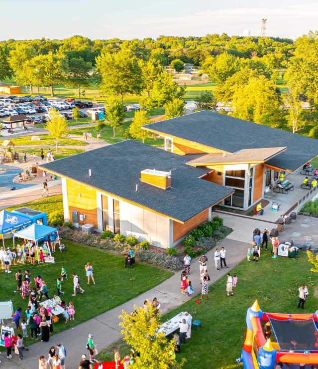Aerial photo of outdoor festival at Ojibway Park.