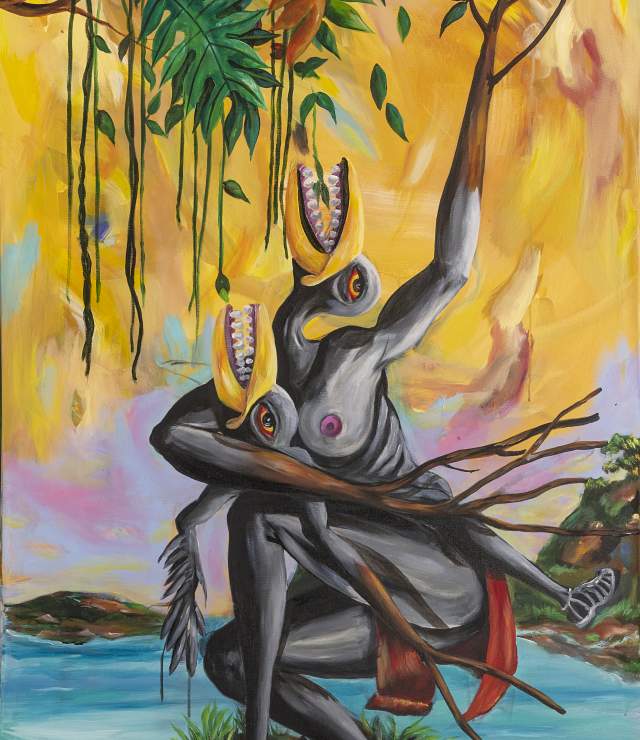 Ronald Cyrille aka B.Bird, Progéniture, 2023. Acrylic on canvas, 1120 x 160 cm. Photo credit: Daniel Dabriou. Image courtesy of the artist.