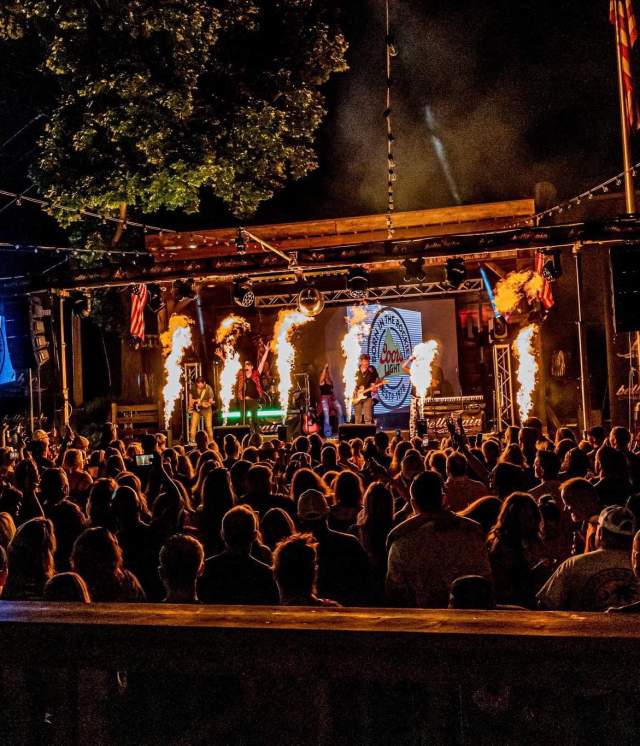 a group of people at a concert looking at the stage in the night