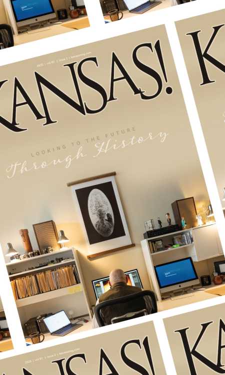 a collagae of covers of magazine, with the word "KANSAS!" across the top. The image is a man sitting at his desk, looking at his computer, with his back to the viewer.