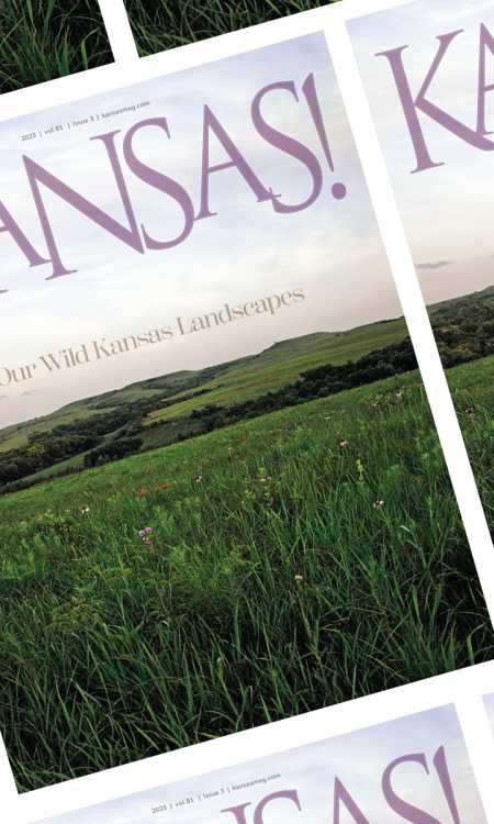 a graphic with a group of magazines, they are all the same. The magazine says "KANSAS!" across the top and have a green landscape on the cover.
