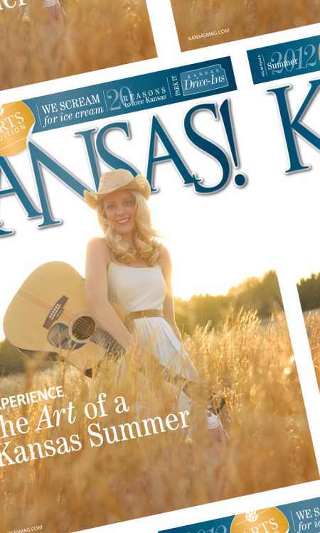 collage of magazine covers, the word "KANSAS!" is across each. The image is of a woman wearing a white dress and cowboy hat. She is holding a guitar and standing in a wheatfield.