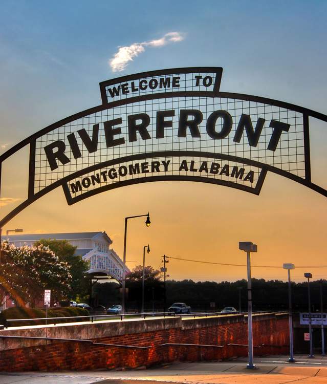 Riverfront Sign at walkway entrance