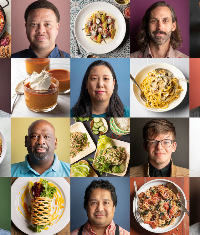 a grid of milwaukee chef headshots and food photography featuring dishes and chefs from the Milwaukee Cookbook