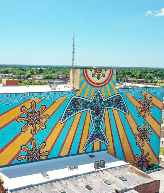 Aerial image of the Red Tail Hawk mural in Downtown Norman, Oklahoma