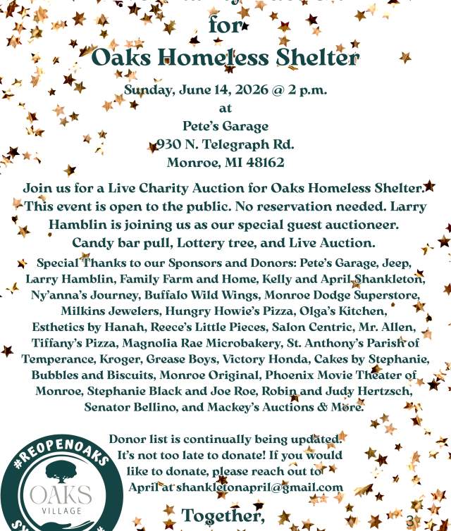 Fundraiser Auction to Reopen Oaks Homeless  Shelter