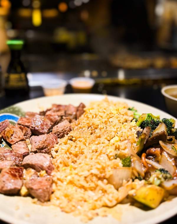 A plate filled with steak, rice, and veggies at Fuji's, Fort Smith, Arkansas