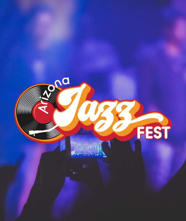 Arizona Jazz Festival logo layered over a blurred image of a live jazz band