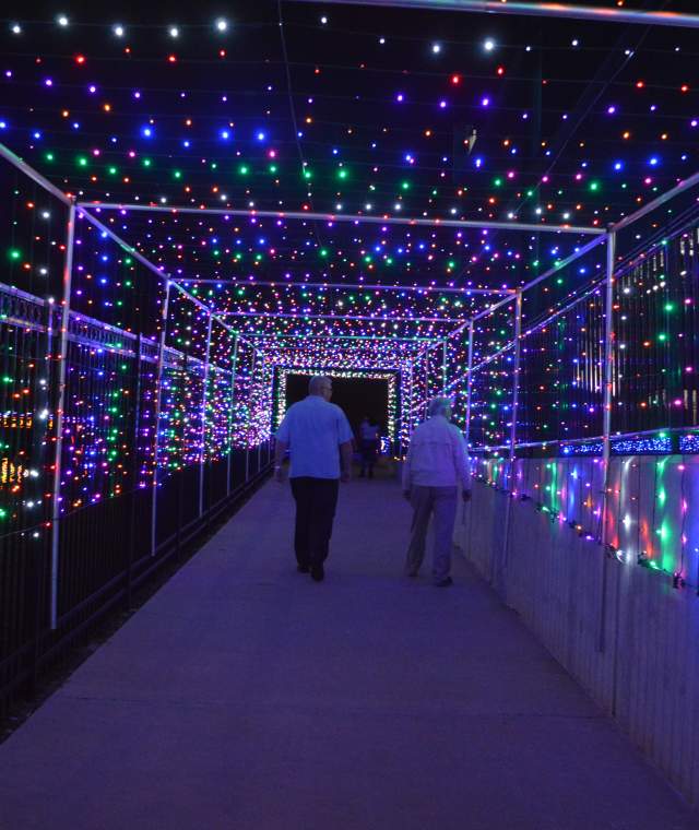 Couple Walking Through Sugar Land Holiday Lights at Constellation Field
