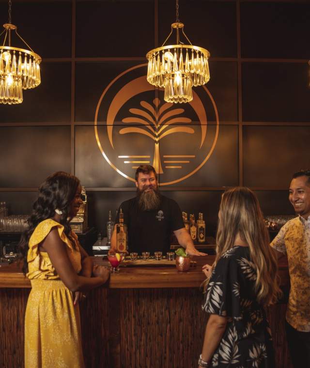 A group of friends at a bar talking with a smiling bartender