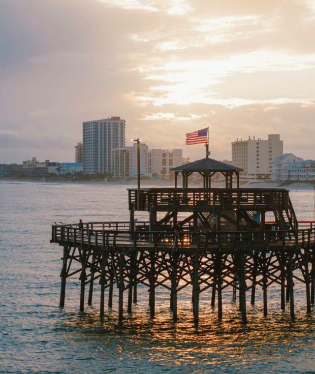 Wide shot of the historic Cherry Grove Pier in North Myrtle Beach