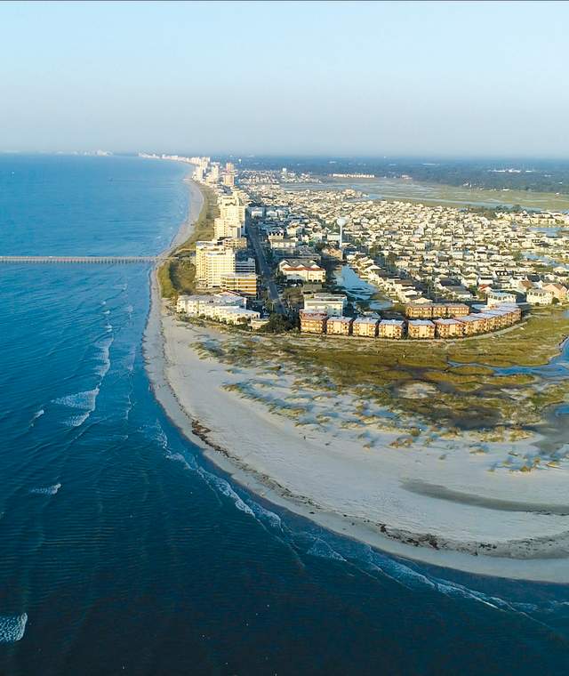 An aerial view of the Cherry Grove point, Hog Inlet, and the Atlantic Ocean