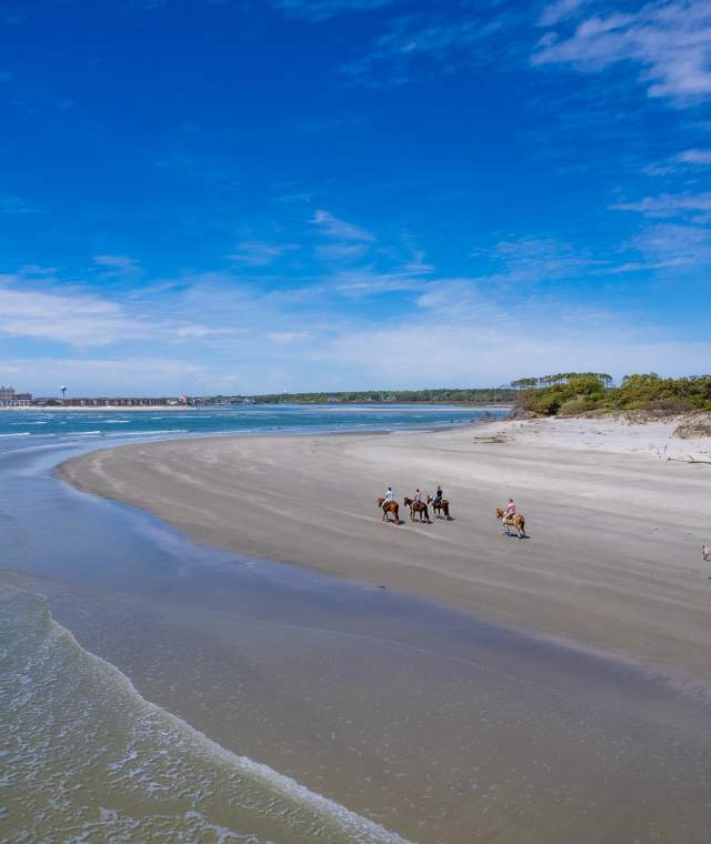A group horseback rides on the beach of Waites Island with North Myrtle Beach in the distance