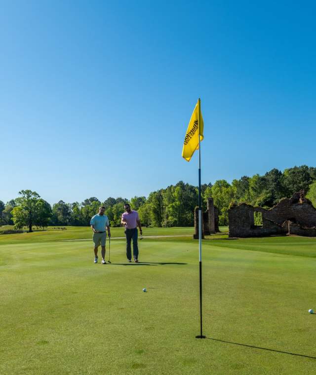 two golfers on the green on a beautiful sunny day