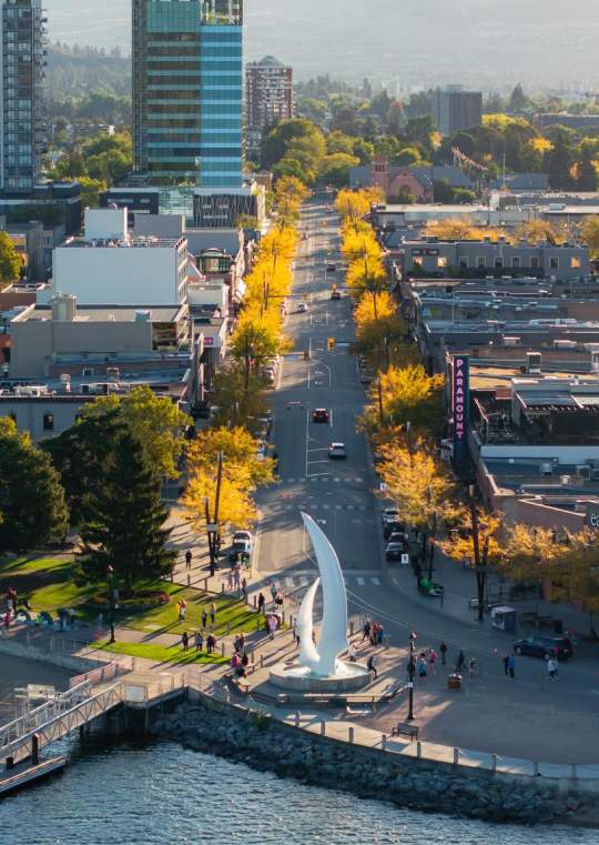 Bernard Avenue Downtown Kelowna during Fall Aerial 3
