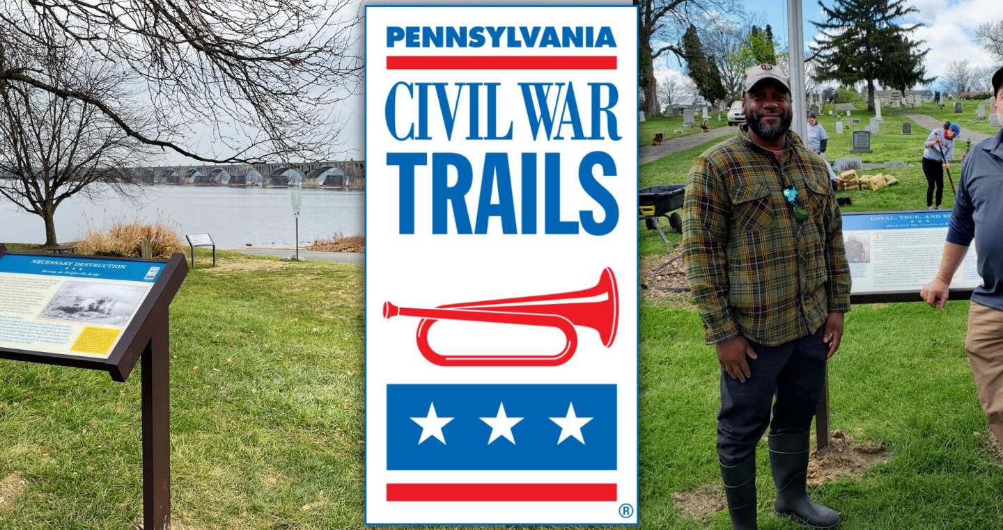 Two Civil War Trails locations with the Civil War Trails logo in the middle