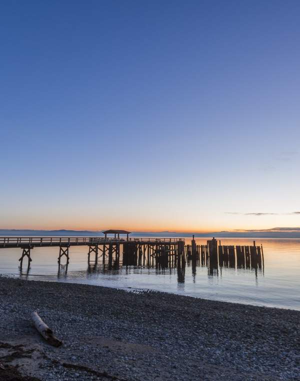 A view of the wharf at sunset.