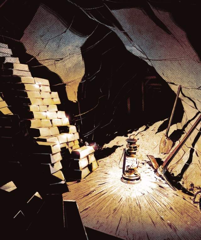 Illustration of the interior of a dimly lit cave with scattered gold bars, an oil lamp emitting light, and old mining tools.